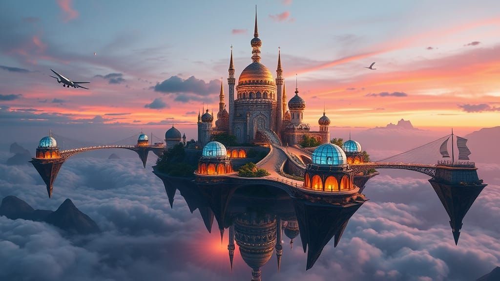 Floating City of Celestial Islands Shines Under Dusk Sky