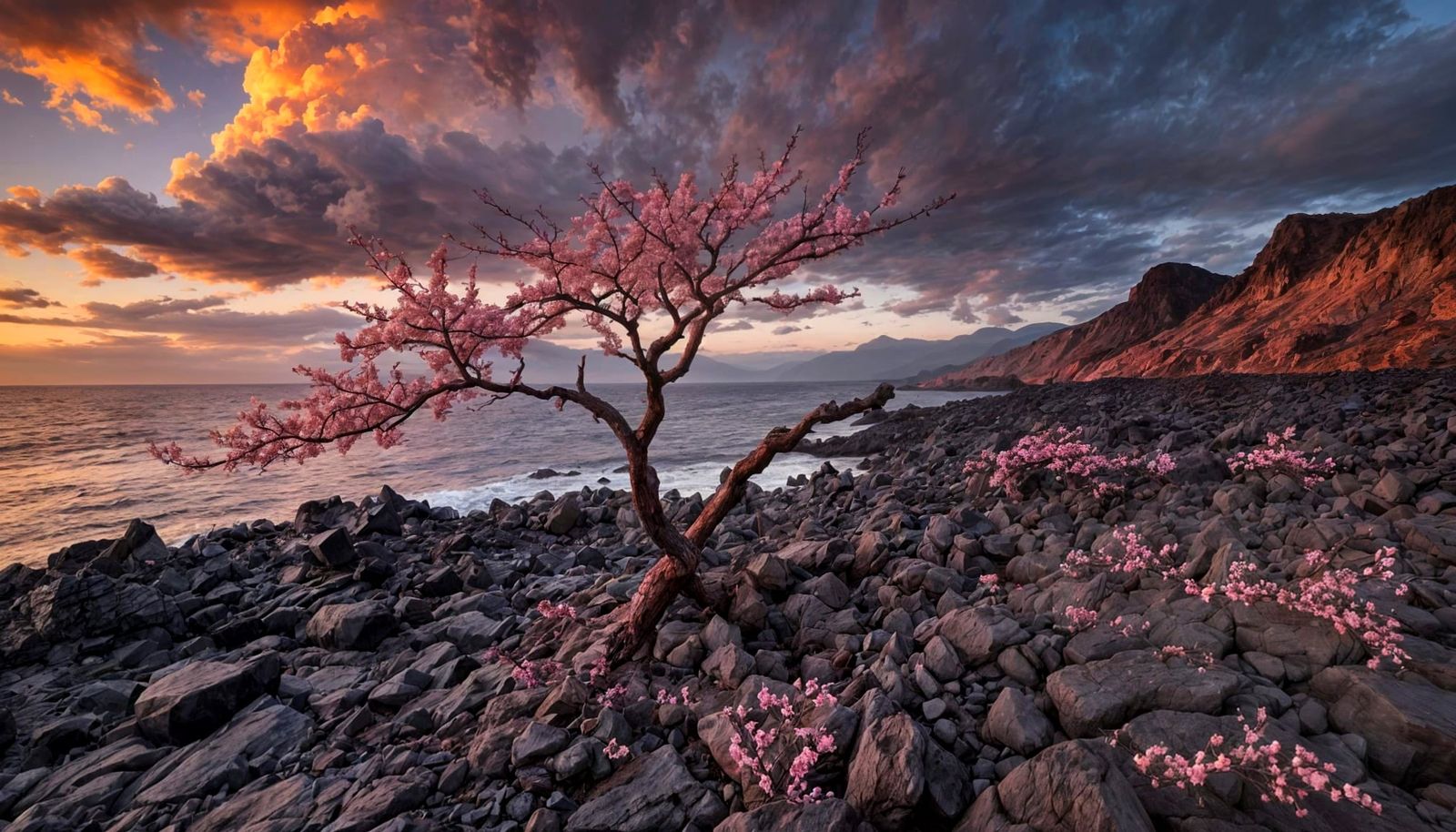 Cherry Blossom Survives Volcanic Eruption: Sfumato Style