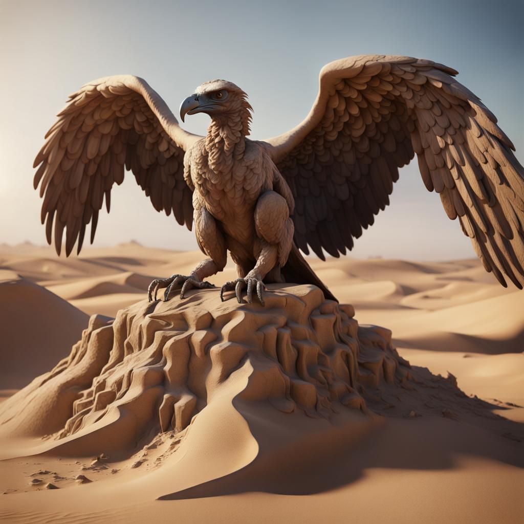 Sandstone Vulture Statue in Windswept Desert