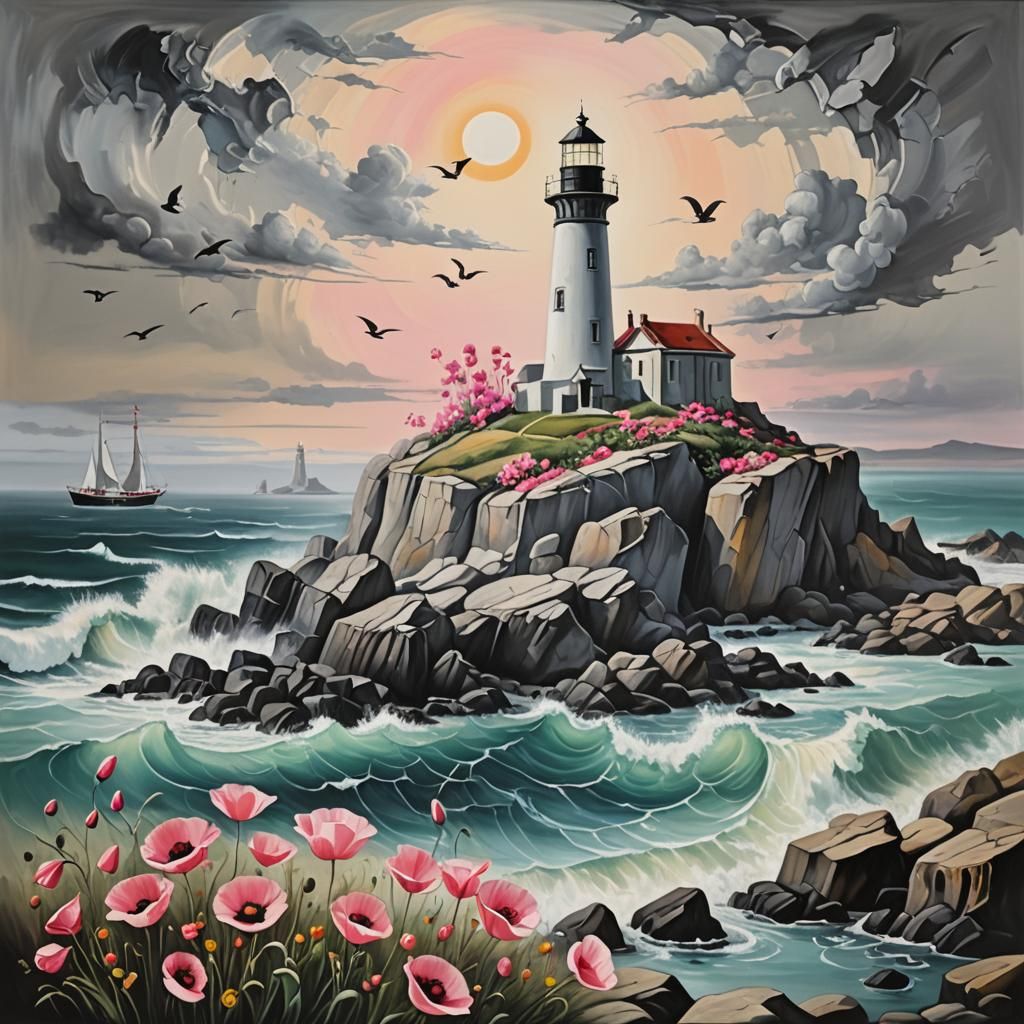 Expressive Lighthouse with Poppies, in Surrealist Style