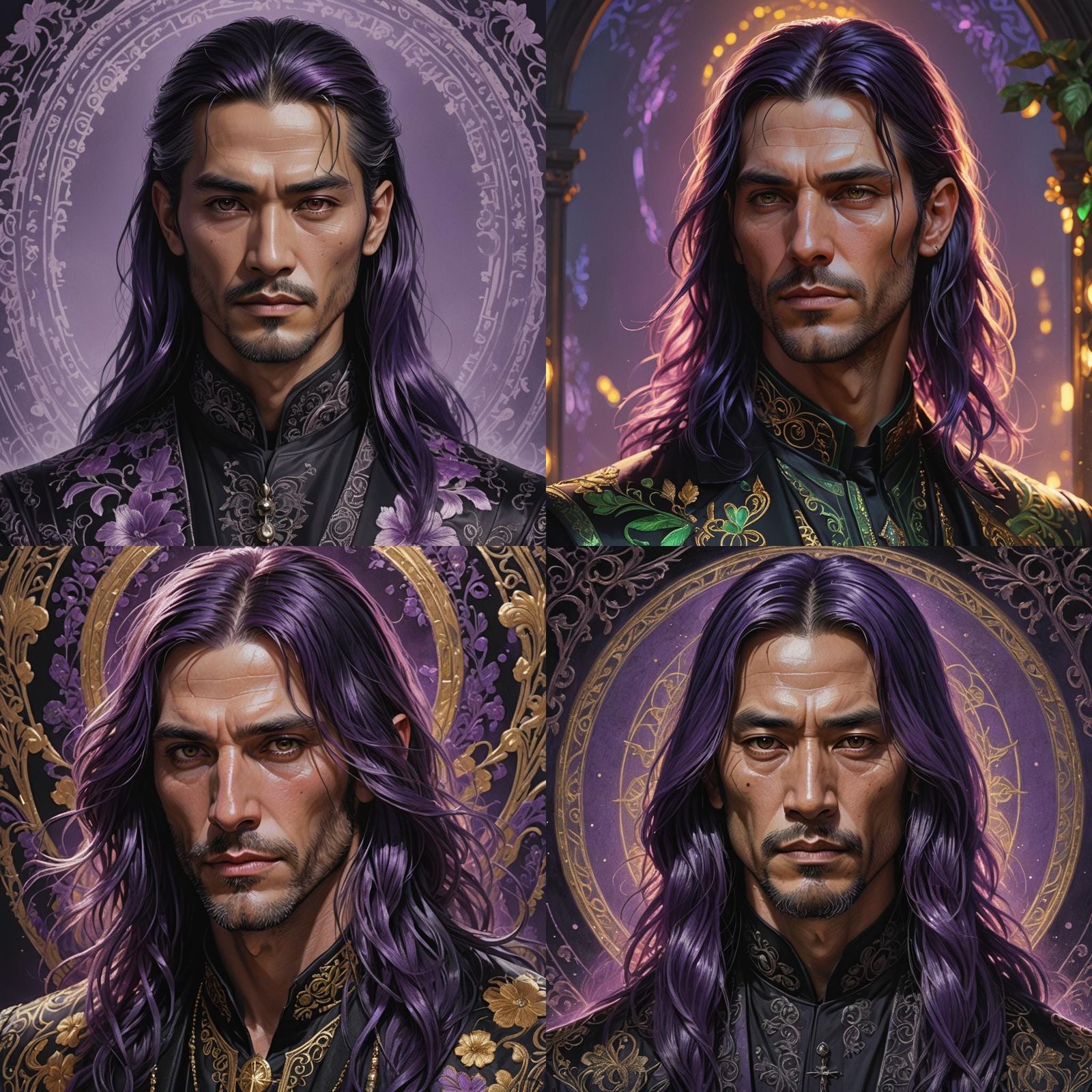 Violet Haired Man Portrait in Art Nouveau Style