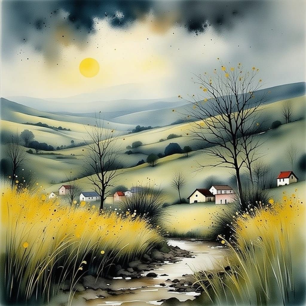 Whimsical Watercolor Landscape with April Weather