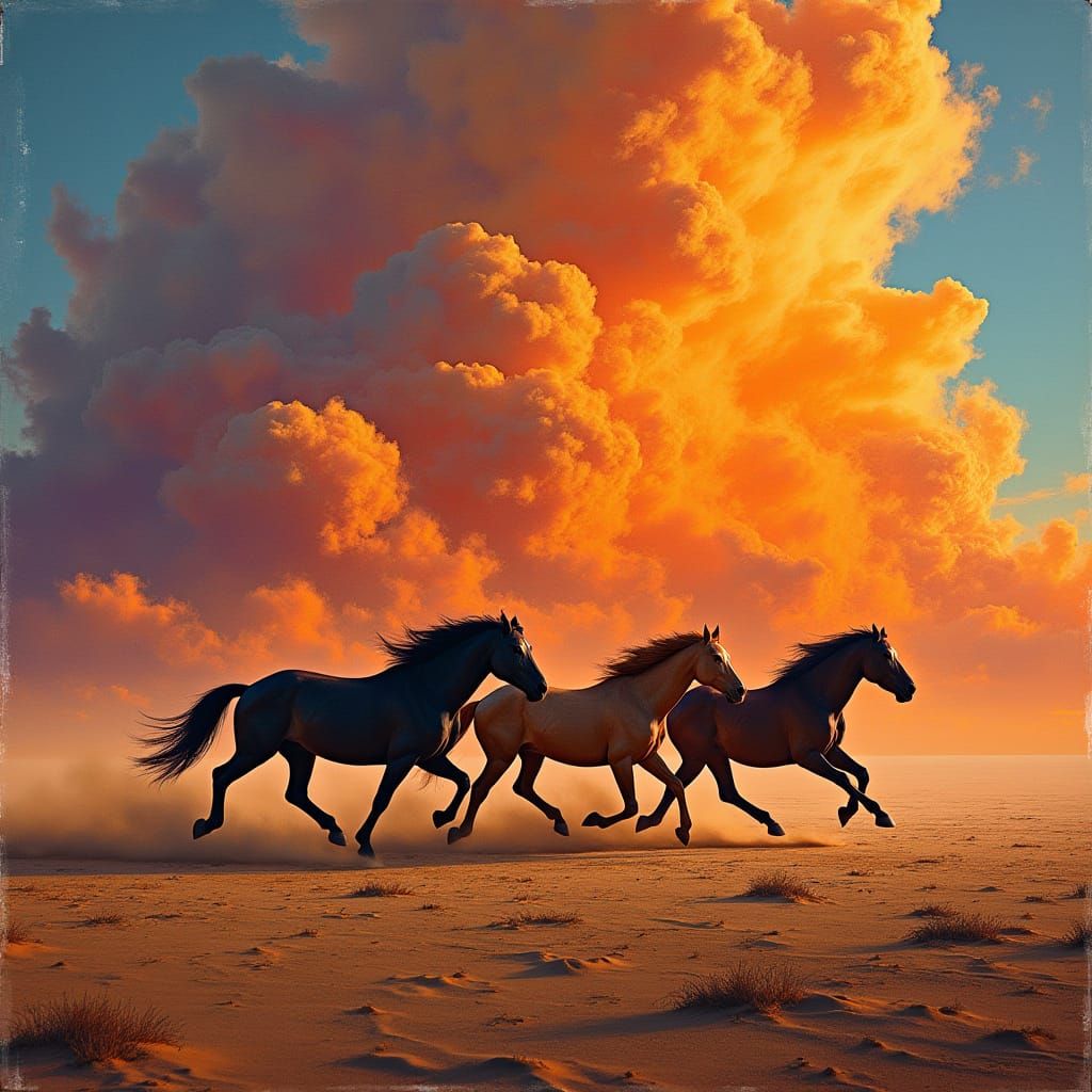 Wild Horses Gallop Across Desert at Sunset in Decoupage Tran...