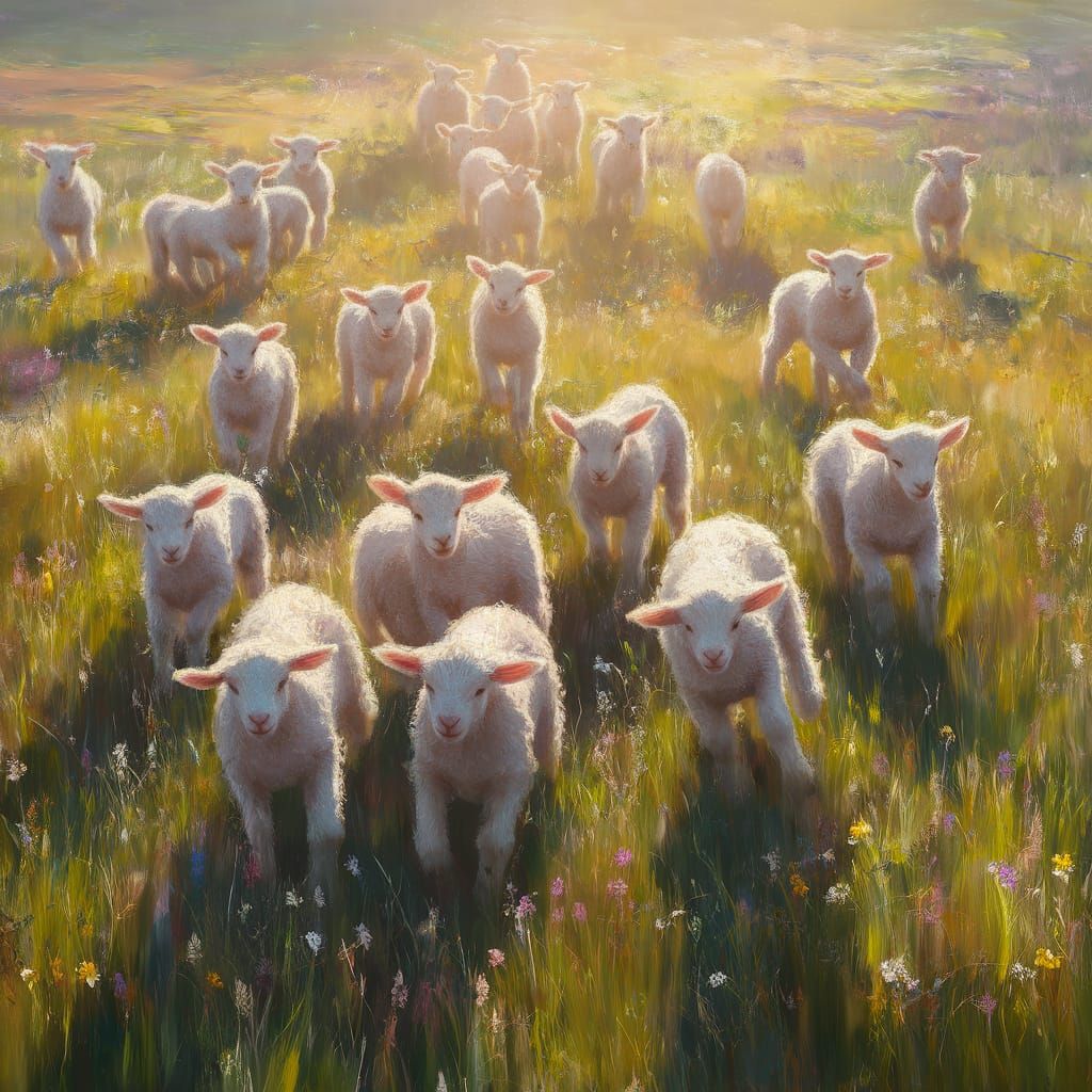 Lambs Frolic in Wildflower Meadow: Impressionistic Style