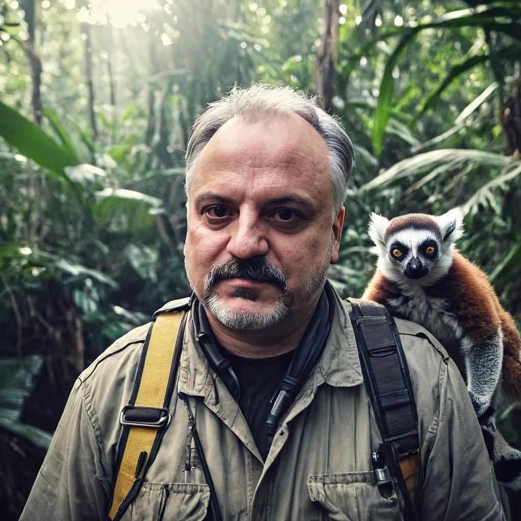 Explorer in Jungle with Lemur, Cinematic Portrait