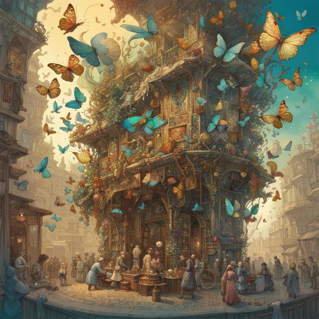 Kaleidoscopic Marketplace Guided by Butterflies in Surreal S...