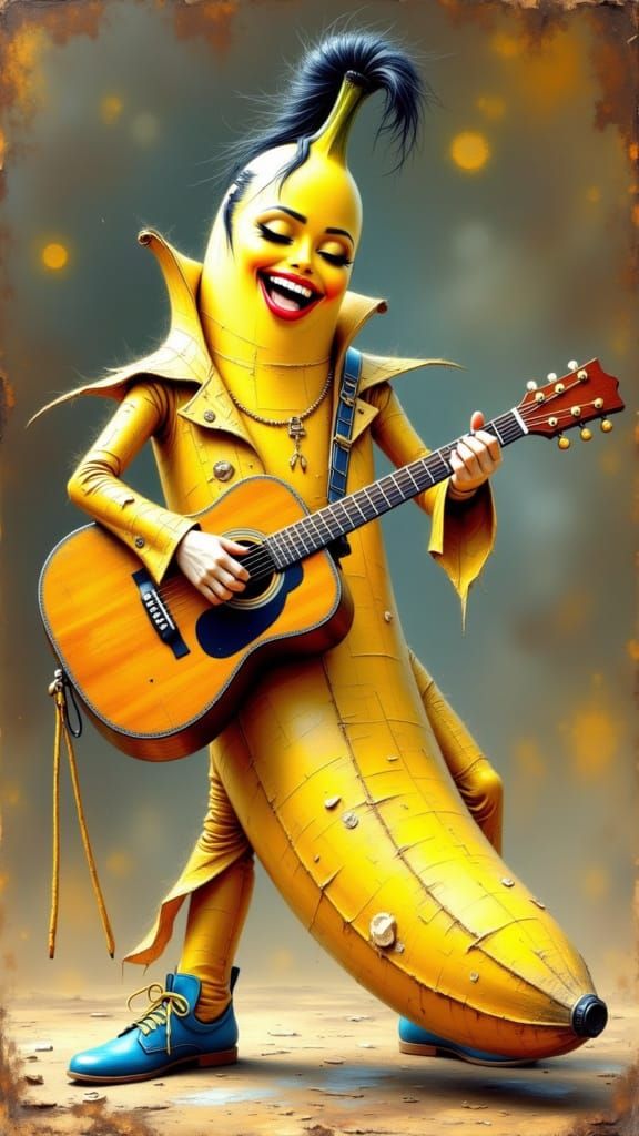 Elvis Banana Impersonator in Cracked Impasto Style
