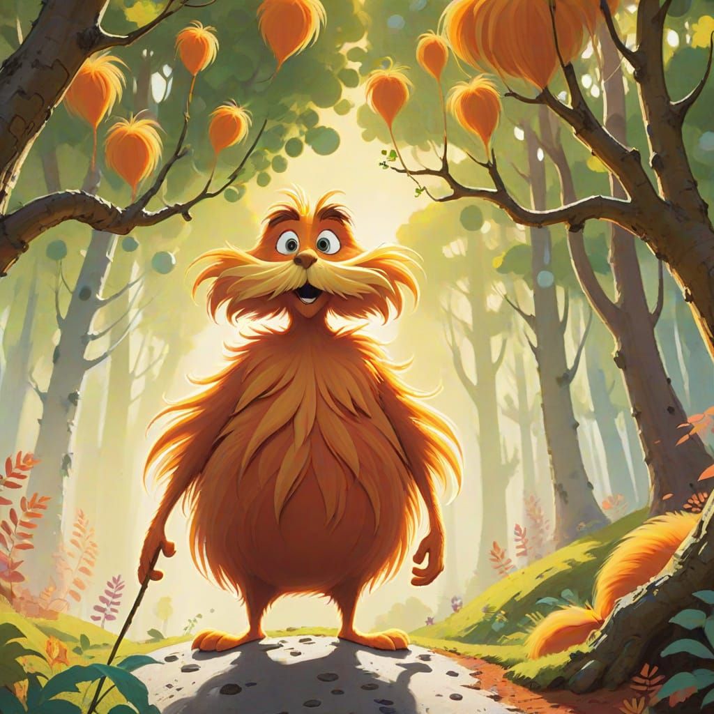 Lorax in Truffula Forest: Whimsical Gouache Painting