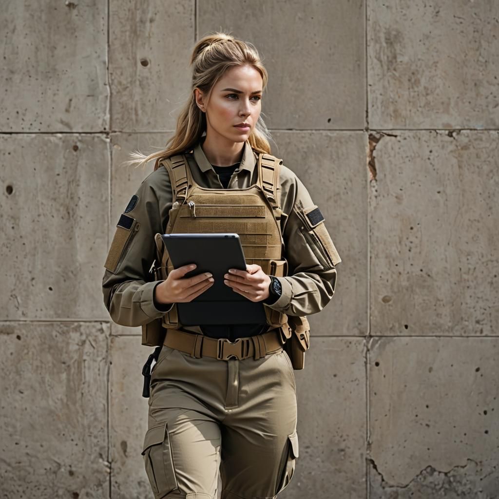 Woman in Tactical Dress Holding Tablet