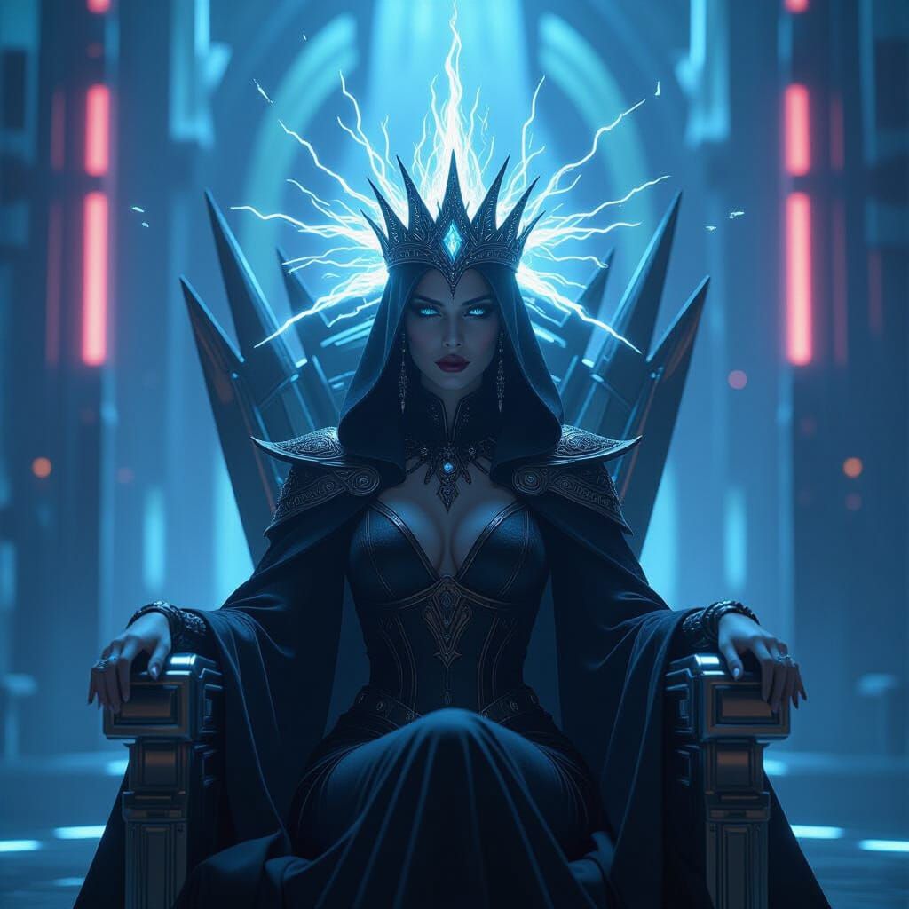 Shadow Sorceress with Energy Crown in Futuristic Throne Room