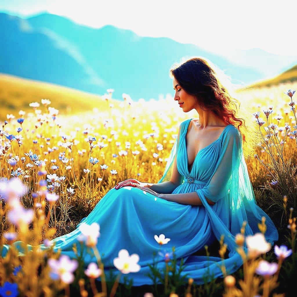 Woman in Flower Field: Detailed Matte Painting