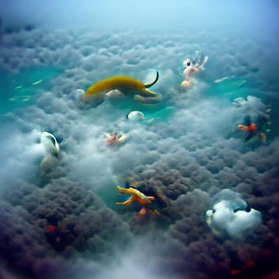 Marine Life Swimming Through Dreamlike Clouds