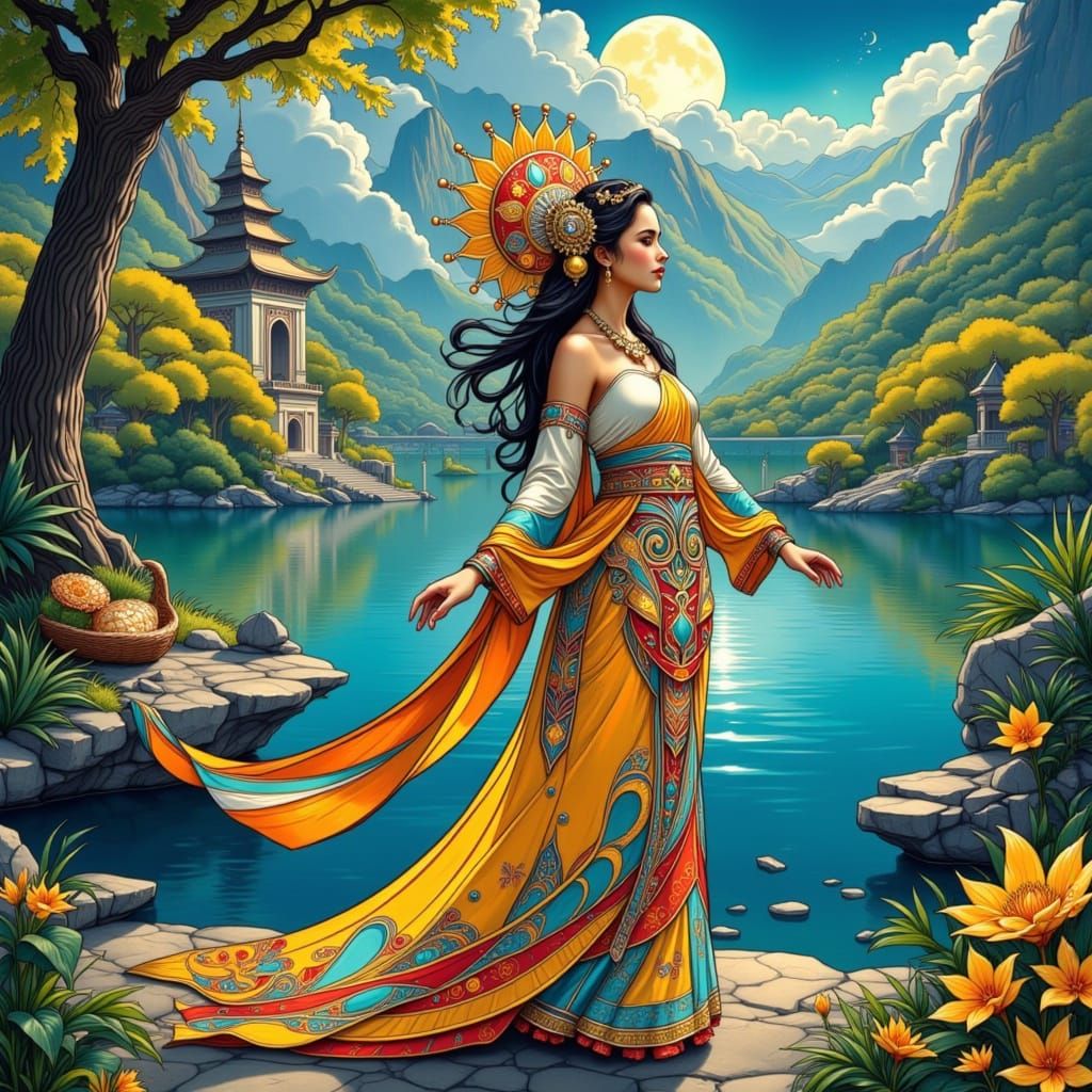 Art Nouveau Girl by Lakeside Temple