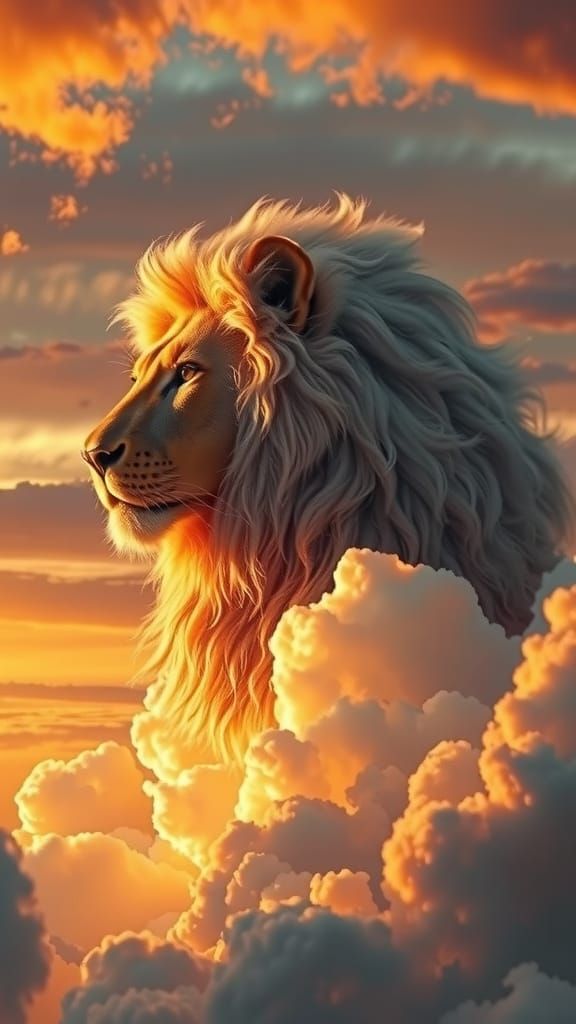 a majestic lion in cumulus clouds