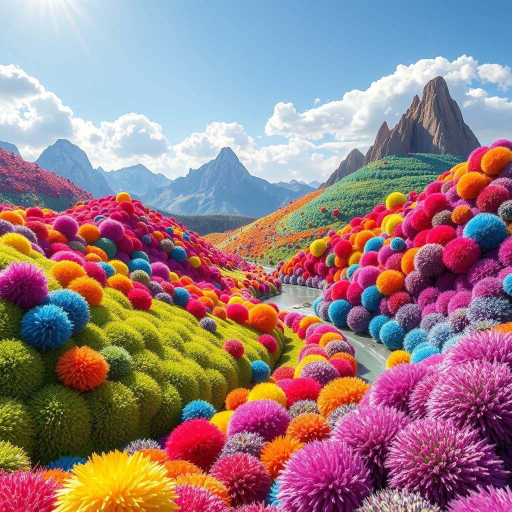 Colorful Pompon Landscape in Whimsical Style