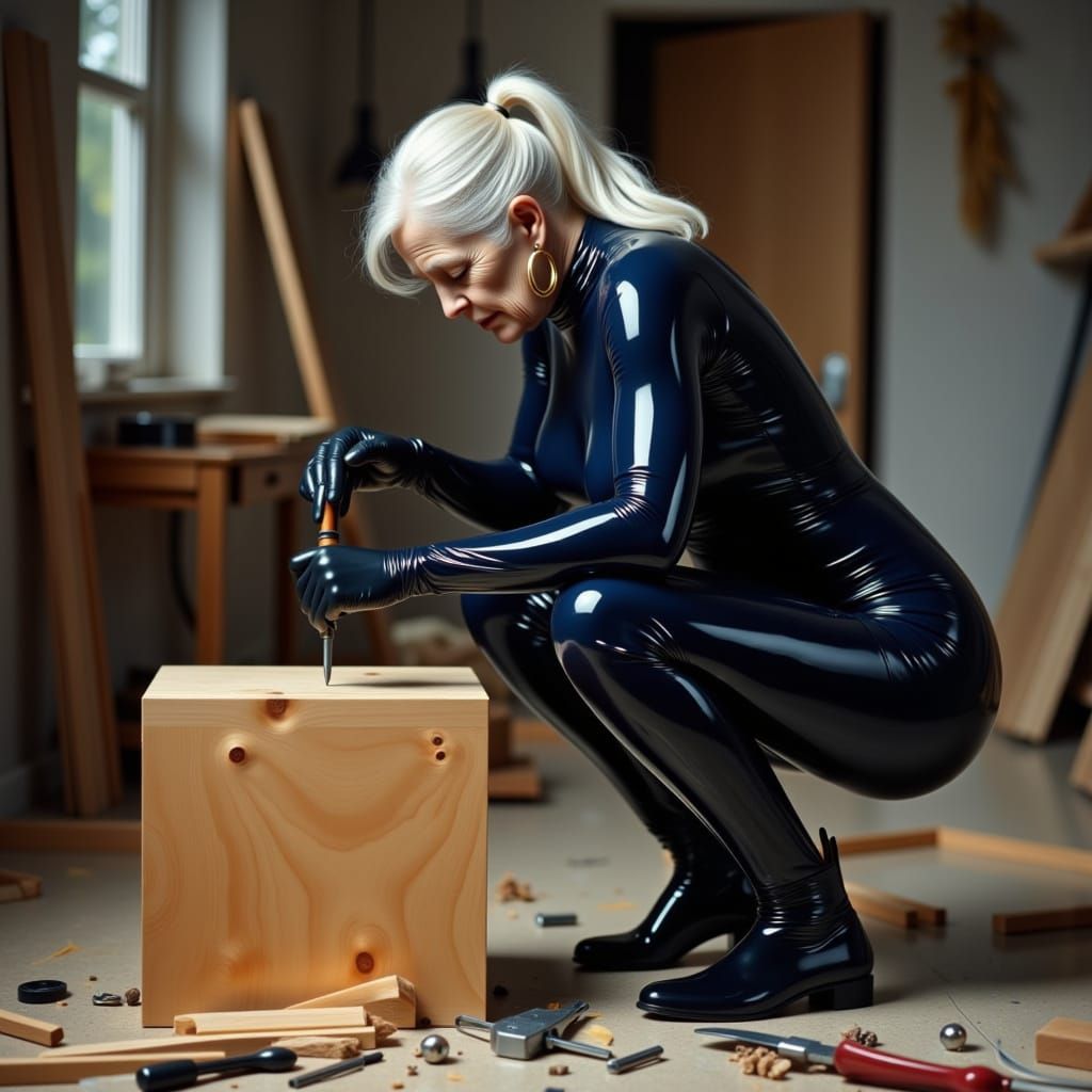 Elderly Woman in PVC Catsuit Building a Box