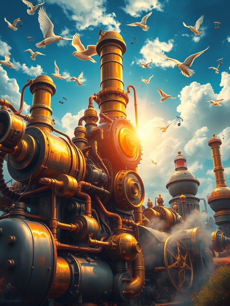 Steampunk Engine in Vibrant Dreamscape