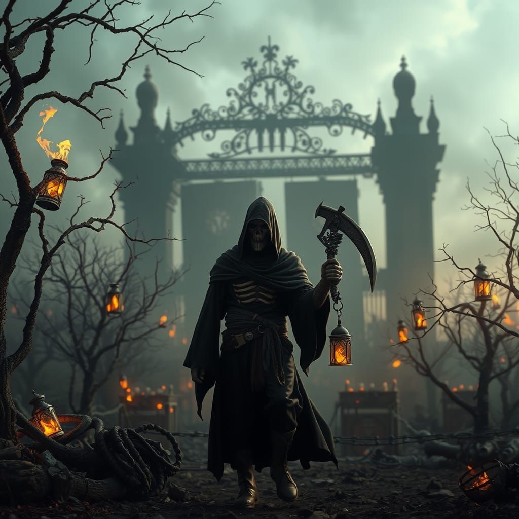 Grim Reaper in Desolate Underworld: Hyperrealistic Art