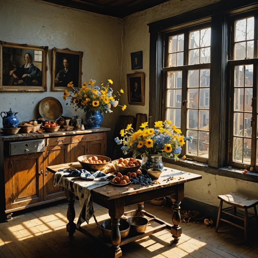Golden Flowers in Delft Blue: Hyperrealist Still Life