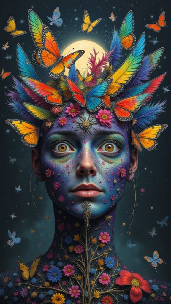 Fractal Face of Man Mutated with Birds and Insects