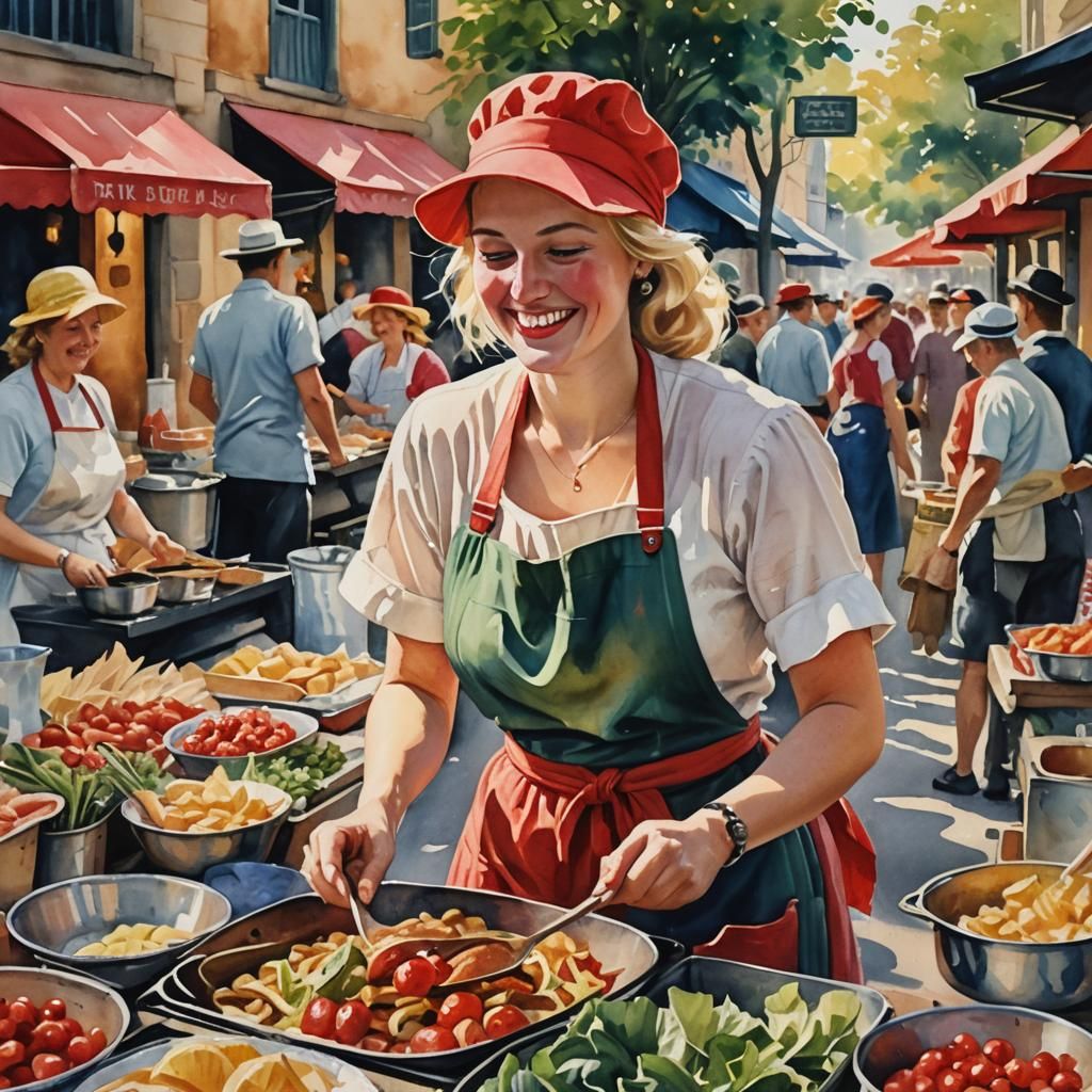 Lively Street Food Scene in Watercolor Style