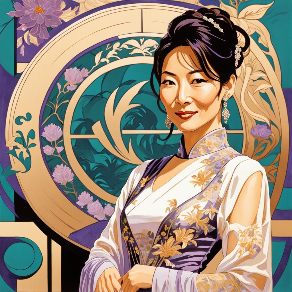 Michelle Yeoh Portrait in Mucha Style with Flowers