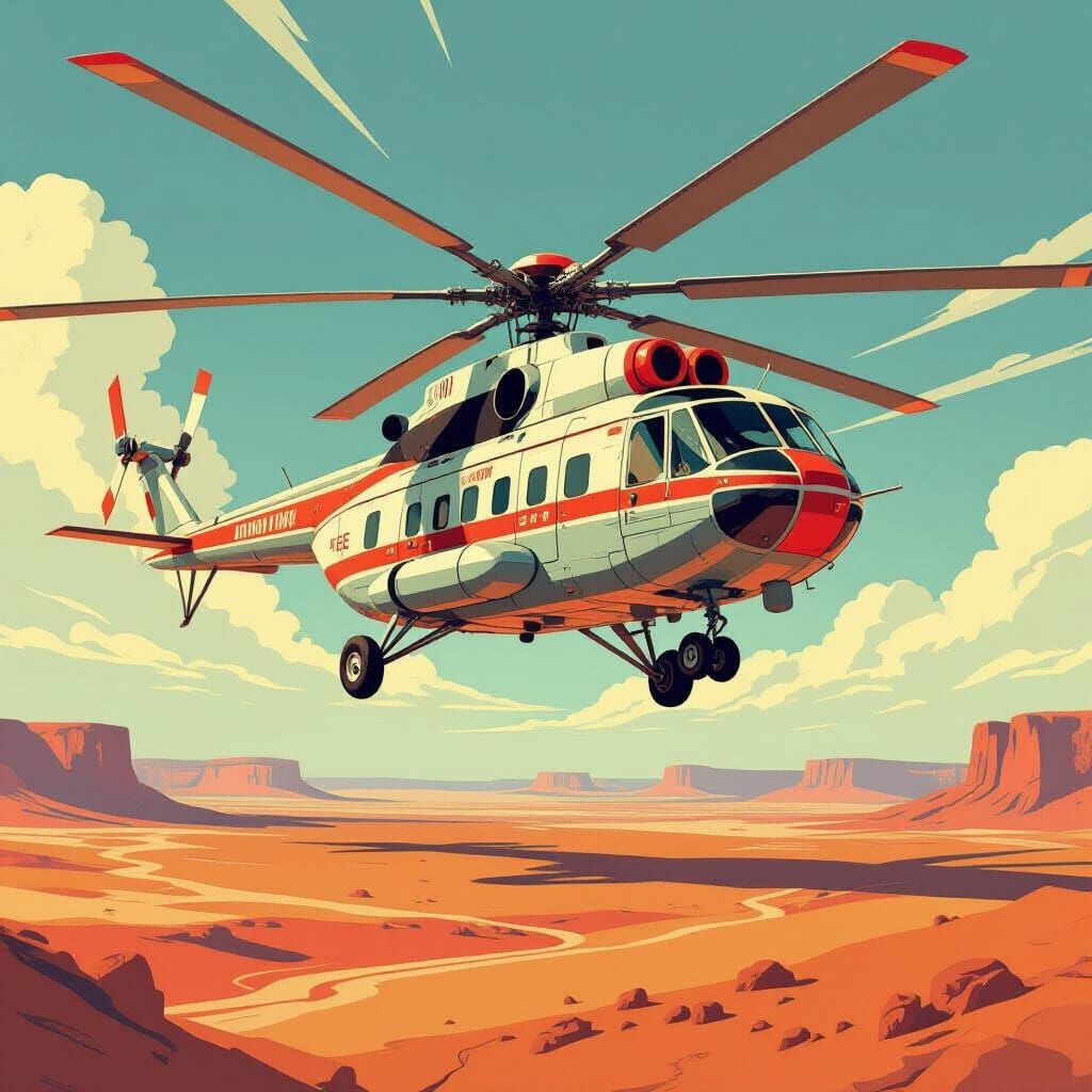 Retro-Futuristic Helicopter in Soviet Constructivist Style