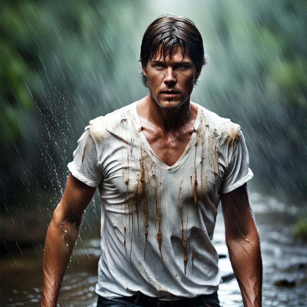 Young Man Running in Rainy Forest: Hyperrealistic Art