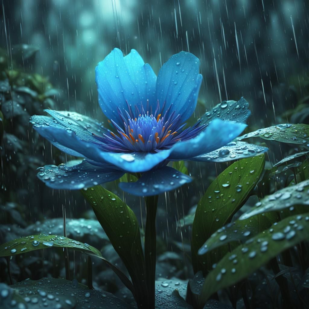 Blue Glass Flower in Rainforest, Digital Concept Art