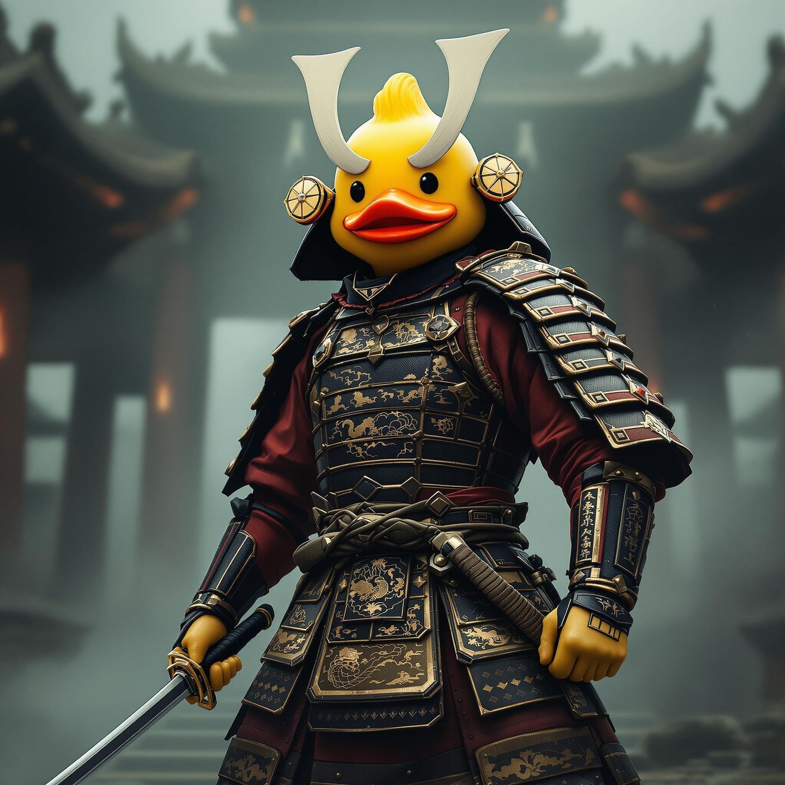 Samurai Warrior with Rubber Duck Head in Eerie Temple