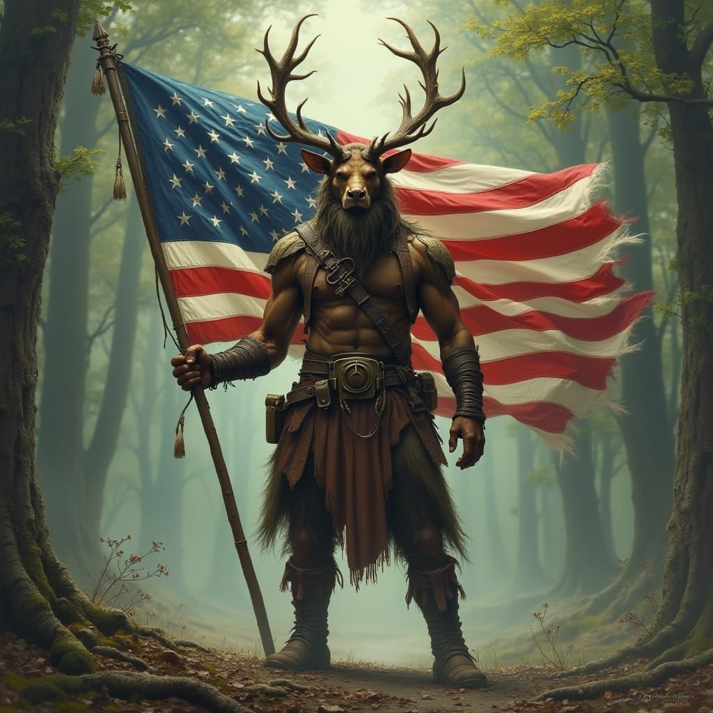 Cernunnos in Leather and Antlers Wields an American Flag