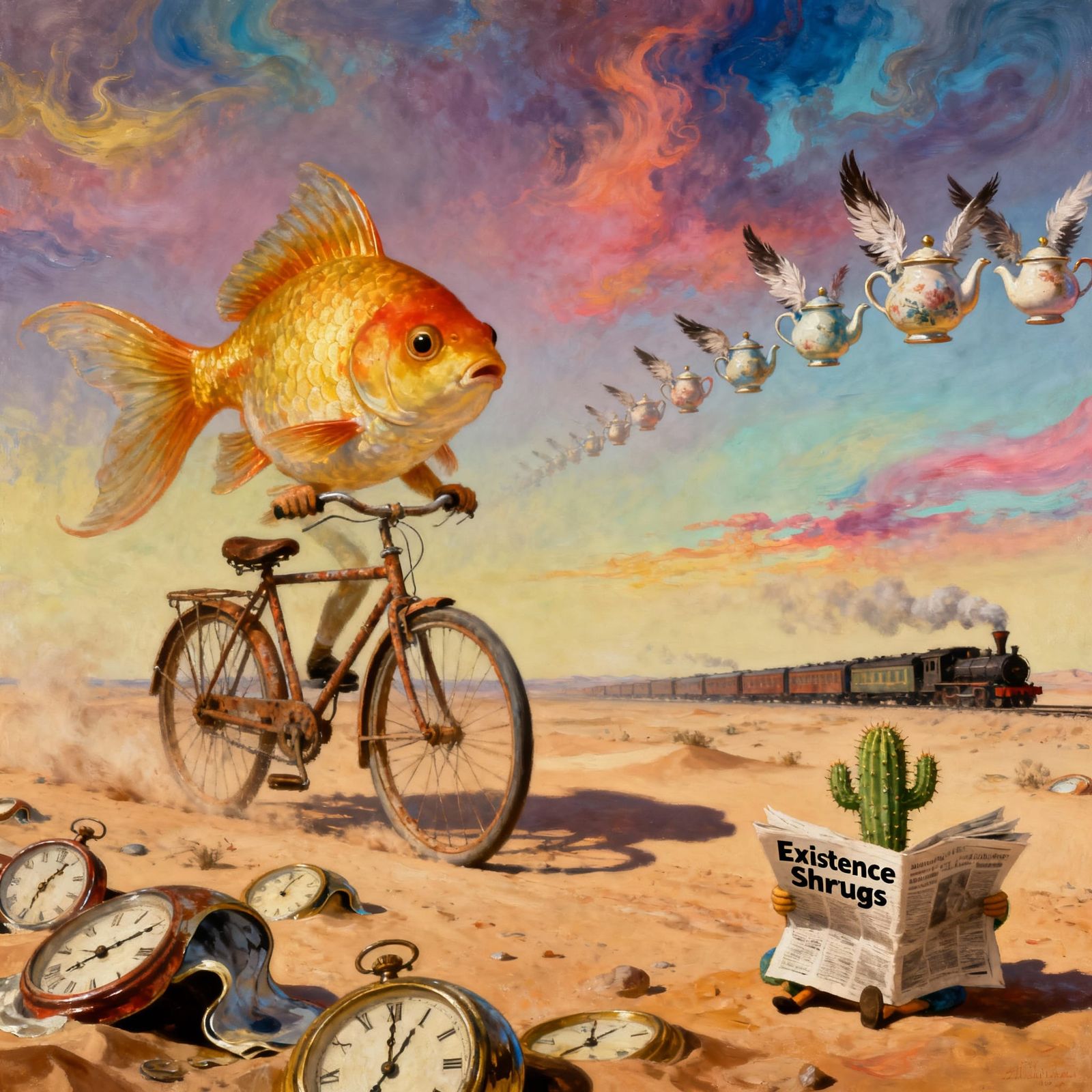 Surreal Goldfish Rides Bicycle Through Melting Clock Desert