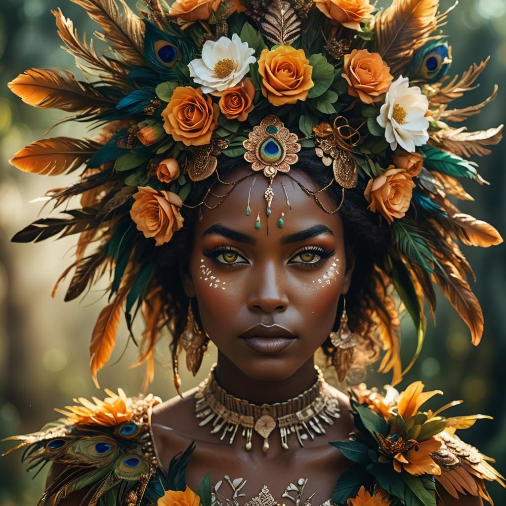 Peacock Haired Woman with Flower Crown Portrait