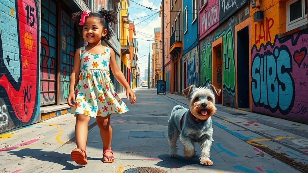 Vibrant Streetscape: Baby Girl and Schnauzer