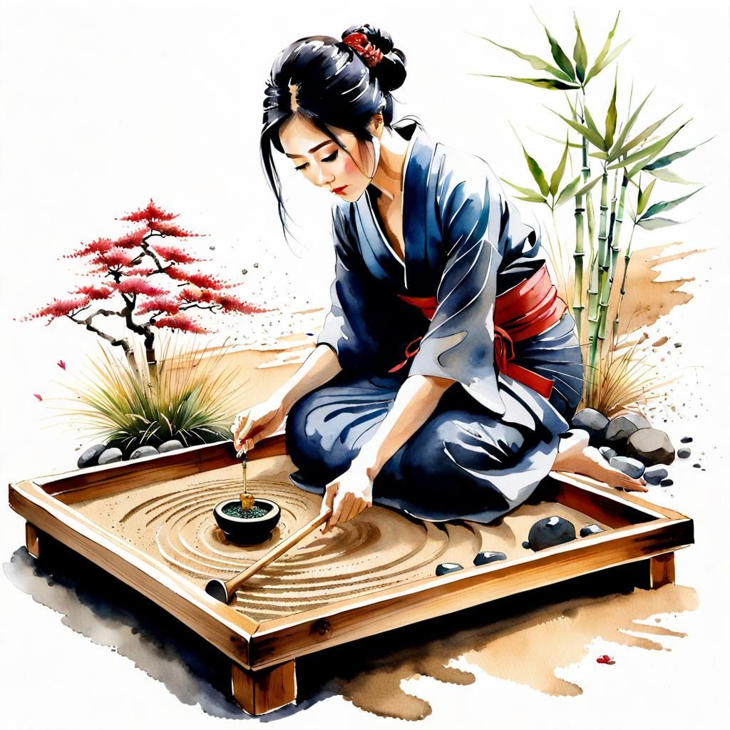 Zen Garden Maintained by Woman in Watercolor Style