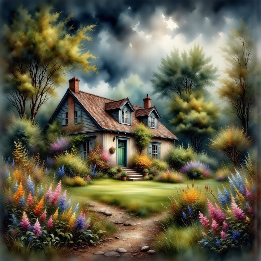 Cottagecore Summer Rain in Antique Watercolor Style