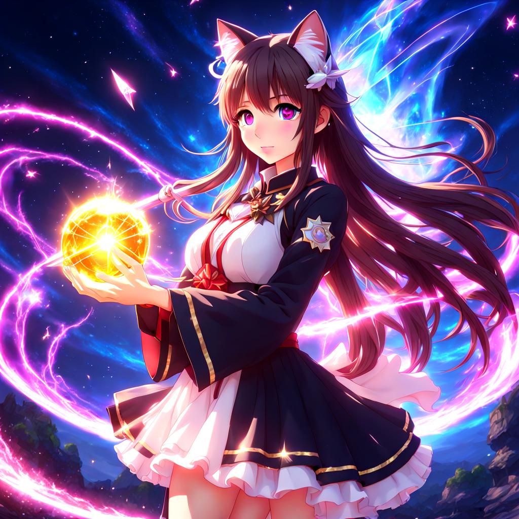 Anime Cat-Girl Casting a Prismatic Spell