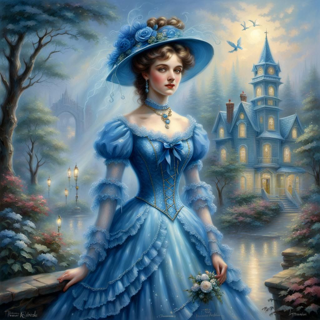 Victorian Lady in Blue Dress, Ethereal Fantasy Style