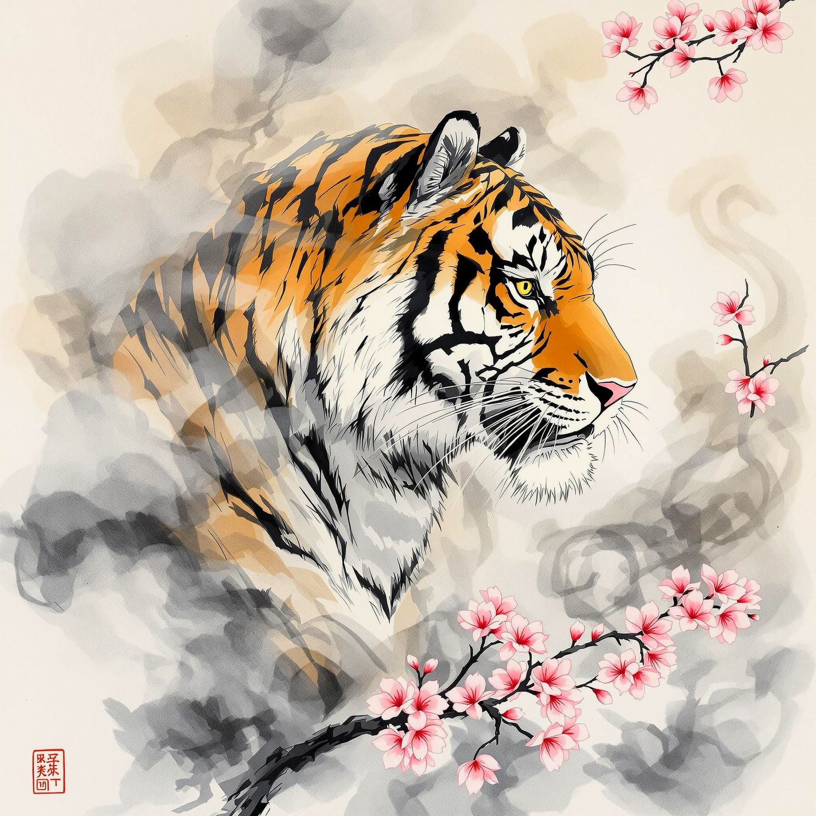 Chinese Tiger Emerge from Smoke in Traditional Ink Wash Styl...
