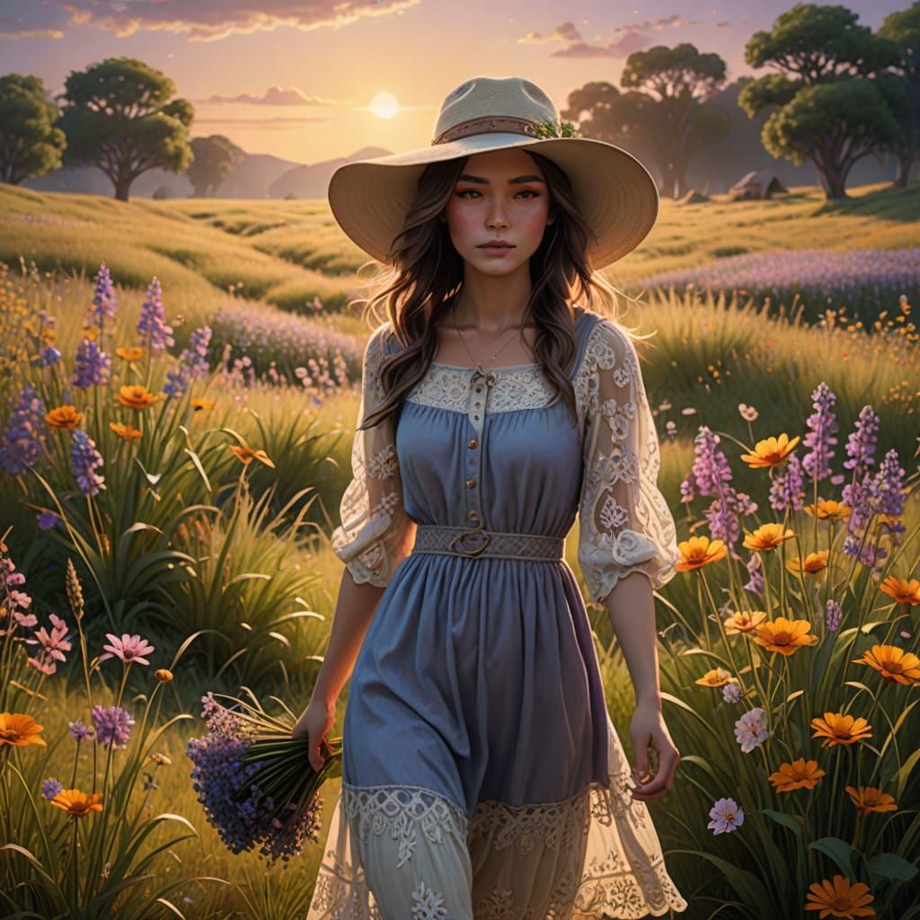 Girl in Sundress Waits in Sun-Kissed Meadow