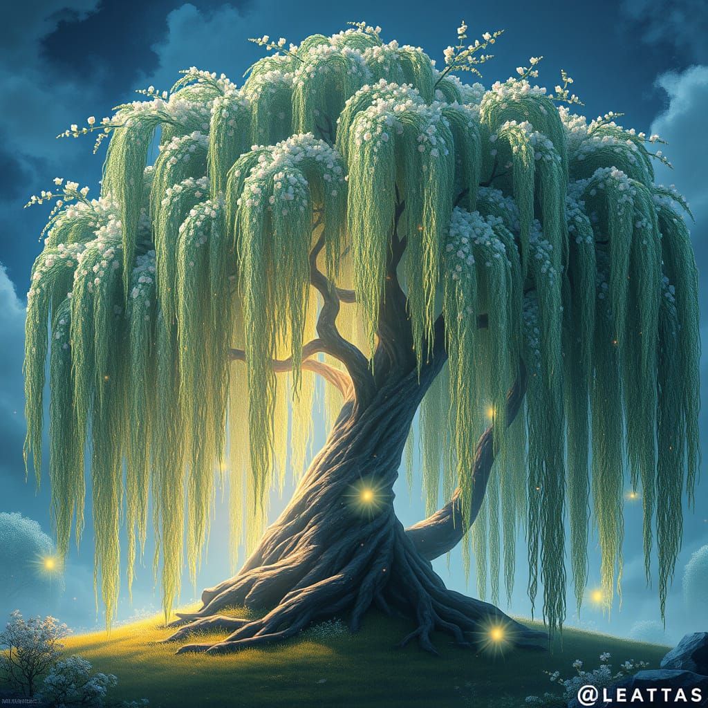 The image depicts a beautiful willow tree covered in magic. ...