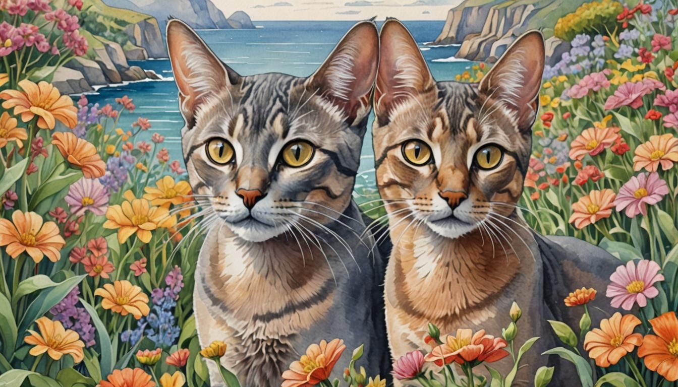 Abyssinian Cats in a Colorful Watercolor Garden