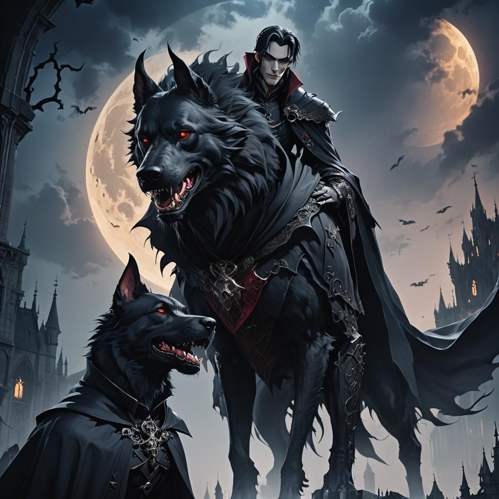 Gothic Dracula with Fierce Dog in 3D Anime Art
