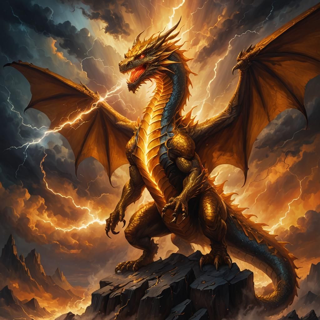 Orange Dragon's Golden Breath in Fantasy Oil Painting