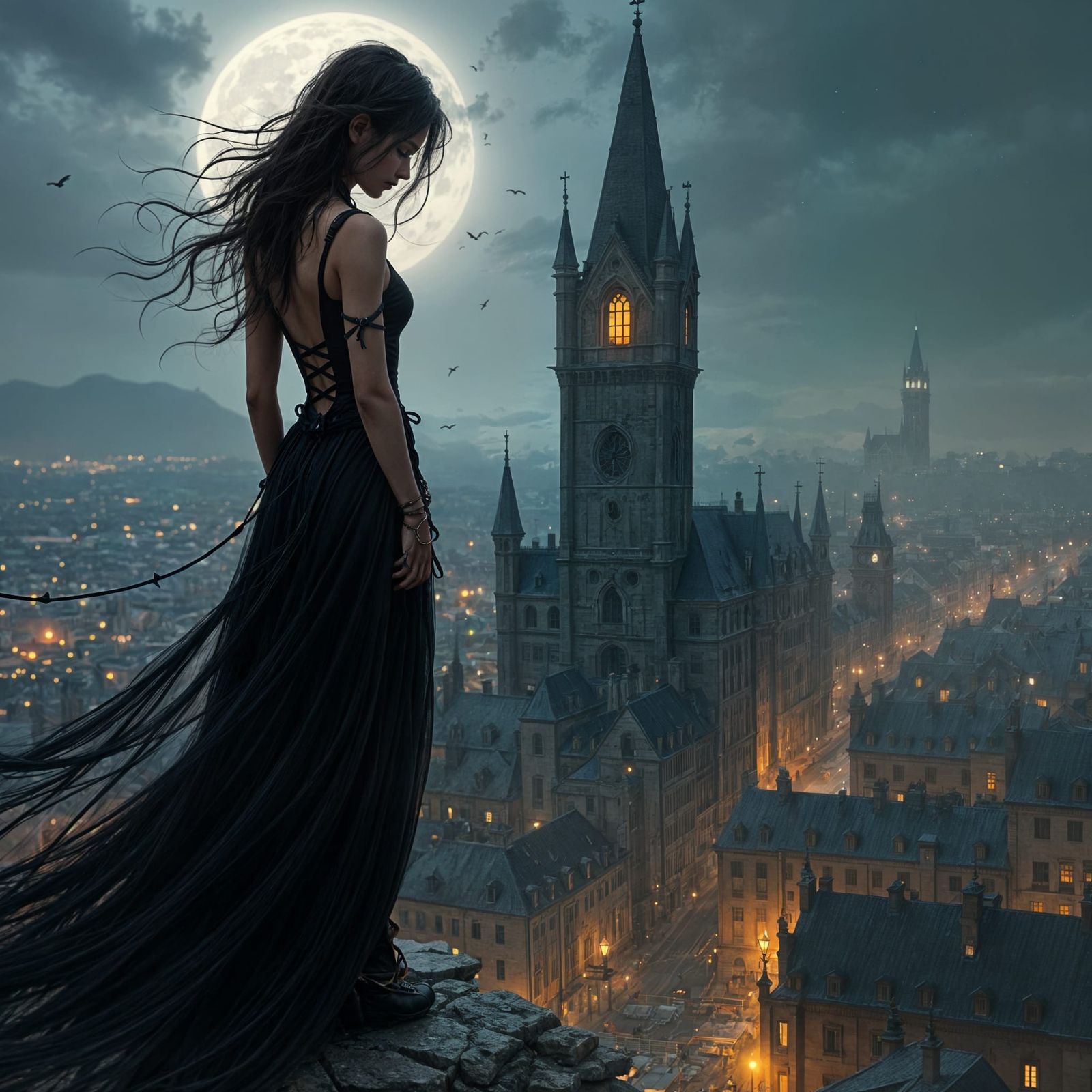 Goth Witch Vampire on Tower Rooftop