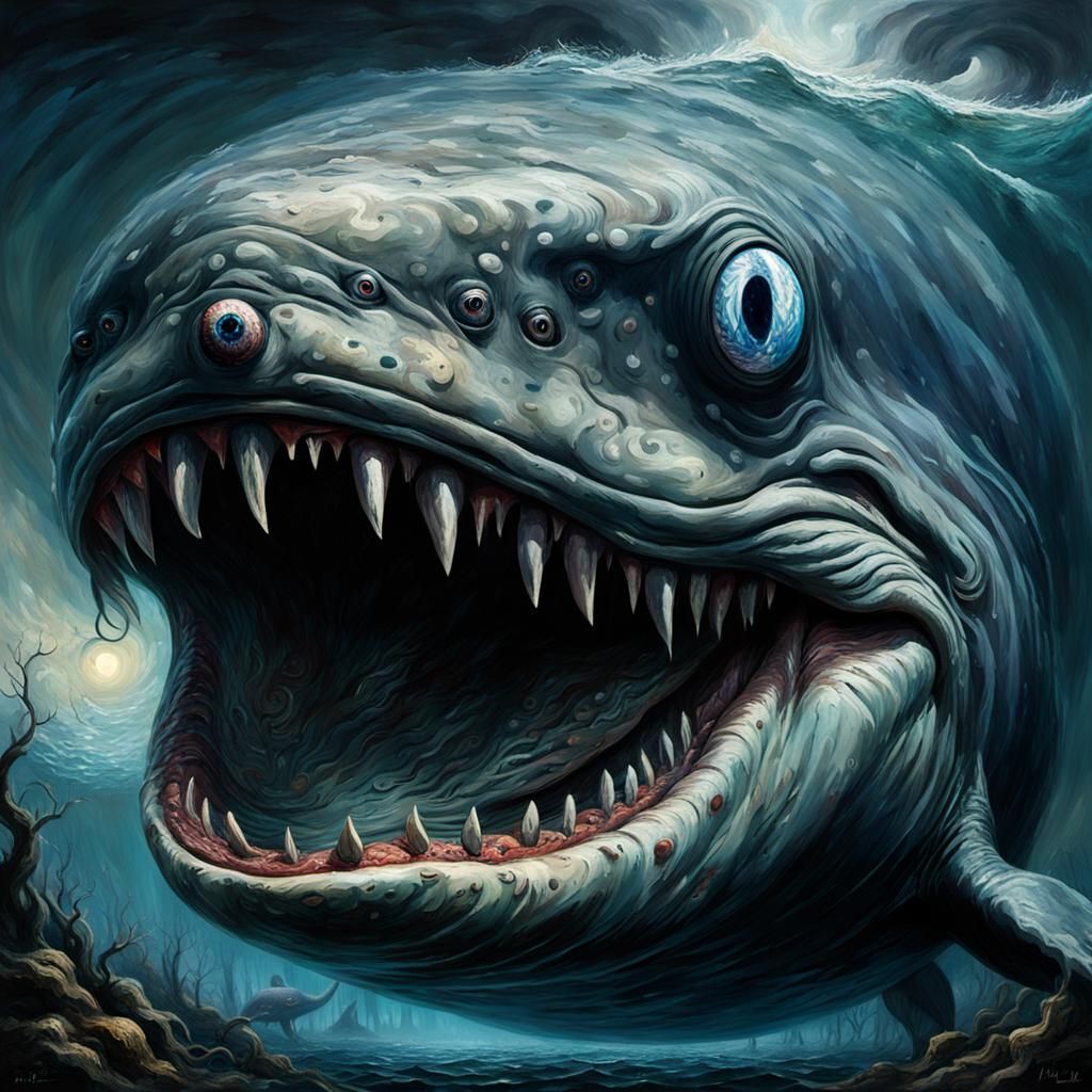 Grotesque Eyeball Whale in Gothic Horror Style