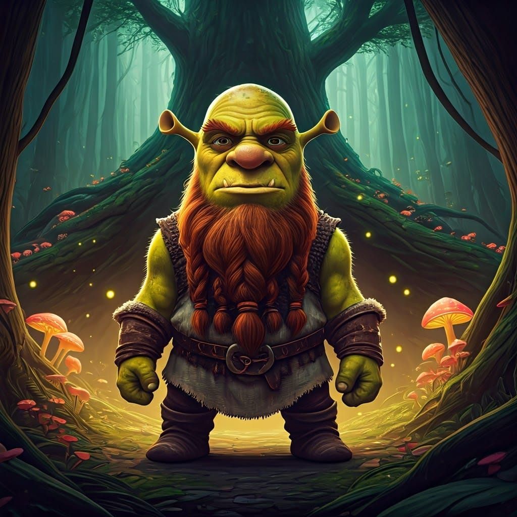 Ogre-Dwarf Hybrid in Enchanted Forest, Digital Art