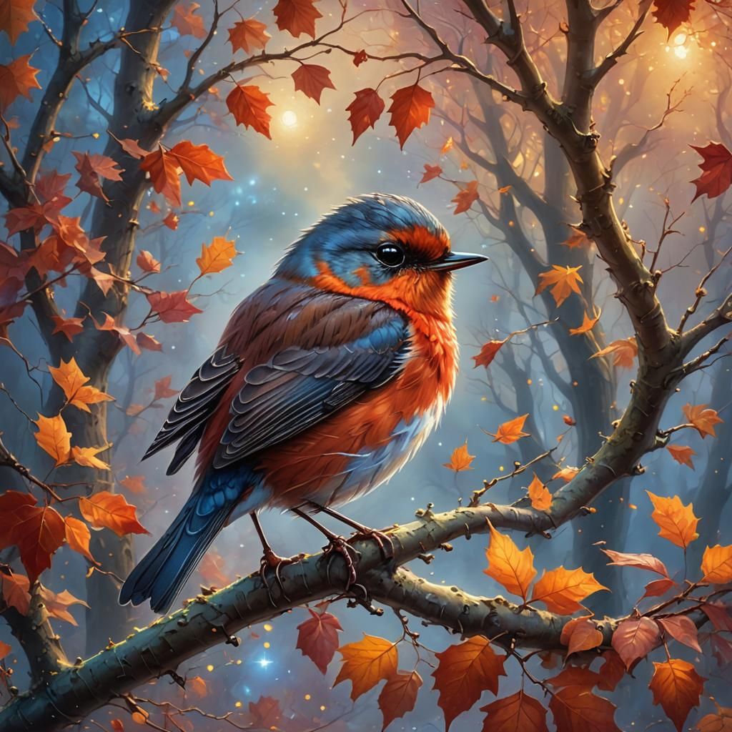 Fluffy Red Robin in Autumnal Starry Scene