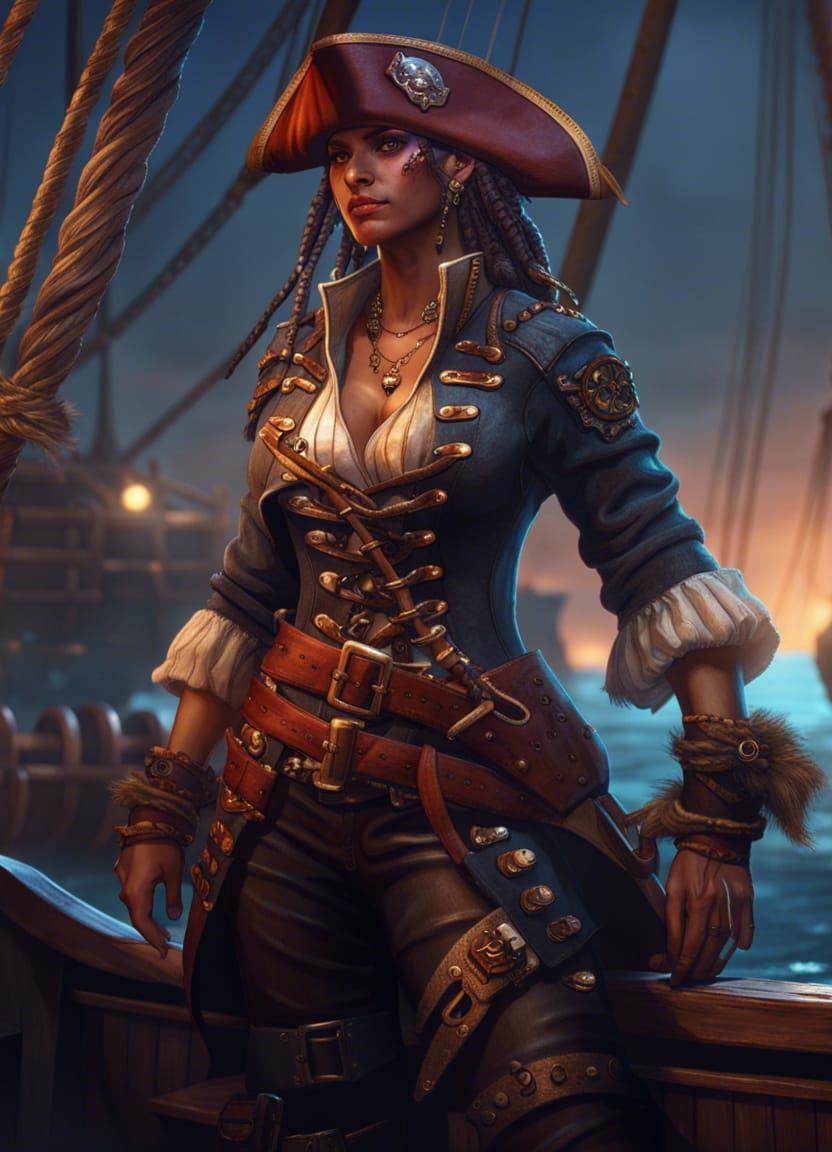 Detailed Pirate Woman on Deck in Fantasycore Style