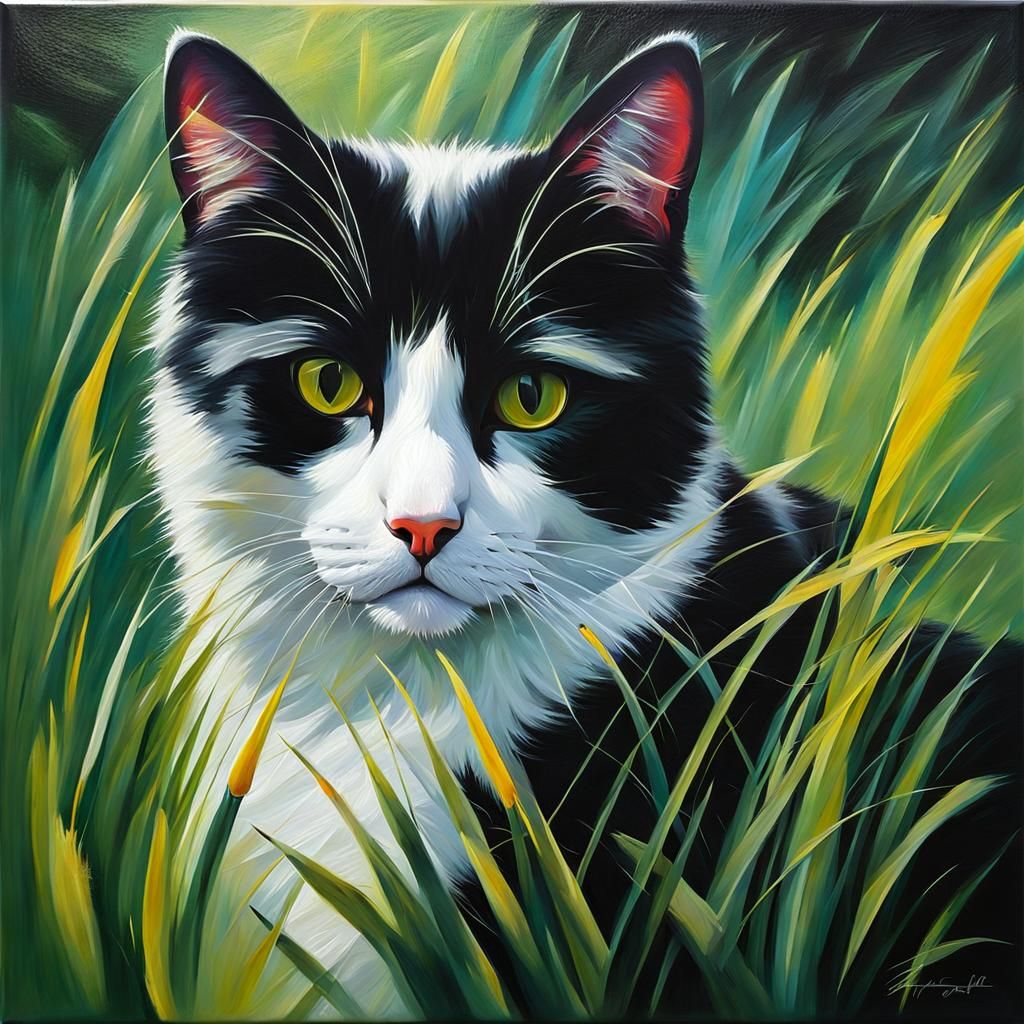 Black and White Cat in Oil Painting Style